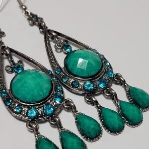 Elegant Faux Turquoise and Silvertone Drop Earrings